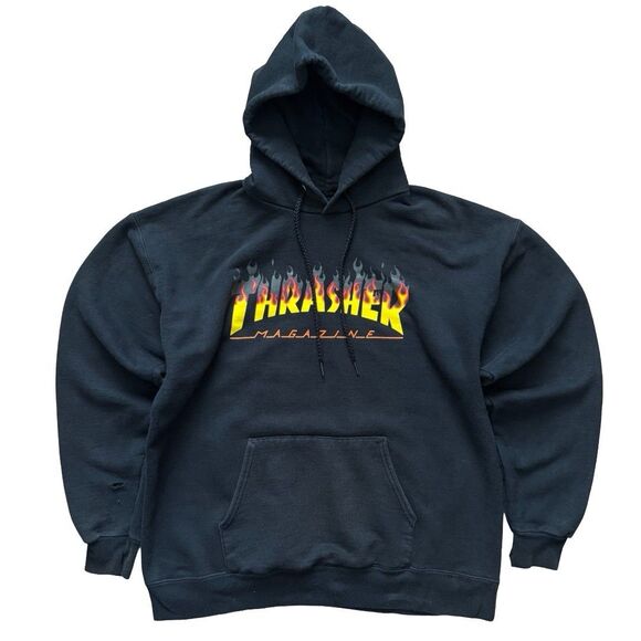 Thrasher Flame Logo Hoodie Black San Francisco Skate Mag Graphic Sz M Distressed - Picture 1 of 8
